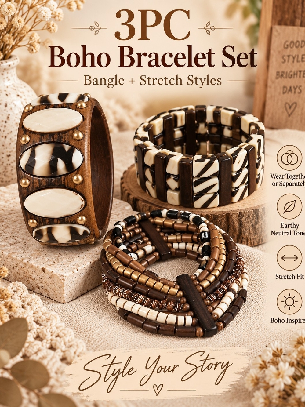 3PC Boho Bracelet Set — Brown & Cream Neutral Tones
